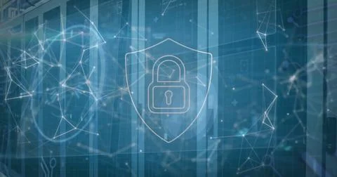 Image of padlock icon and digital data processing over computer servers Stock Photos