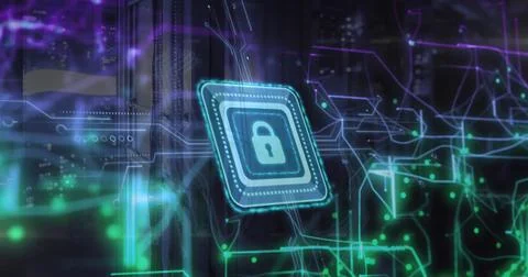 Image of padlock icon and digital data processing over computer servers Stockfoto's