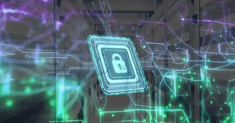 Image of padlock icon and digital data processing over computer servers 写真素材
