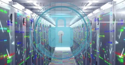 Image of padlock icon and digital data processing over computer servers Stock Photos
