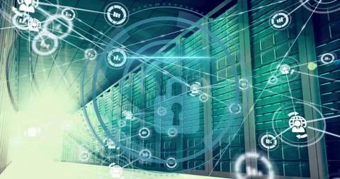 Image of padlock icon and digital data processing over computer servers Stock Photos