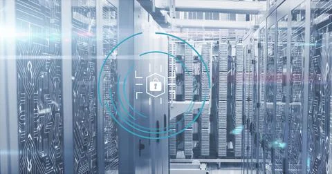 Image of padlock icon and digital data processing over computer servers 写真素材