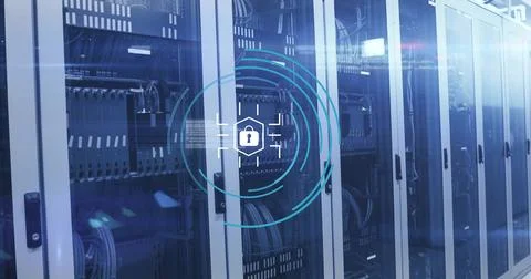 Image of padlock icon and digital data processing over computer servers 写真素材