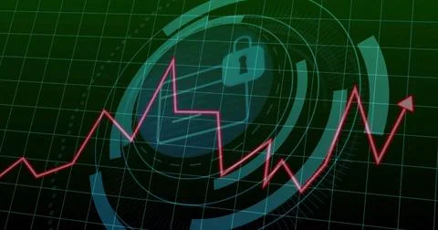 Image of padlock icon and digital data processing over dark background Stock Photos