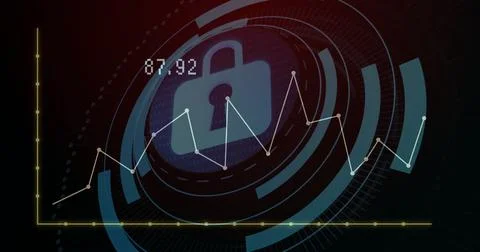 Image of padlock icon and digital data processing over dark background Foto stock