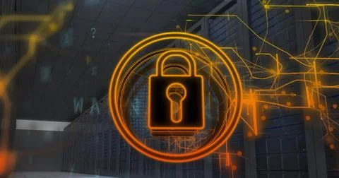 Image of padlock icon and digital data processing over computer servers Stock Photos