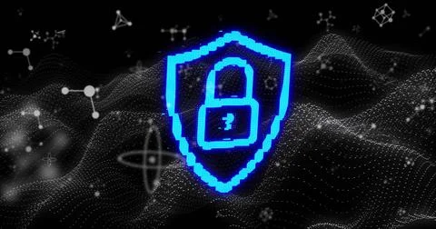 Image of padlock icon and molecules over waves on black background Stock Illustration