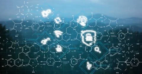 Image of padlock icon and network of connections over blue background Stock Illustration