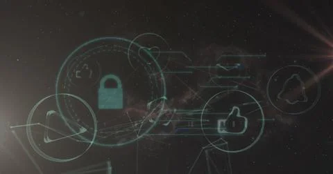 Image of padlock icon and network of connections with icons on black background 스톡 사진