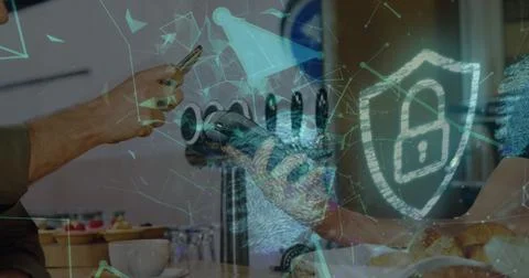 Image of padlock icon and network of connections over diverse people paying with Foto stock
