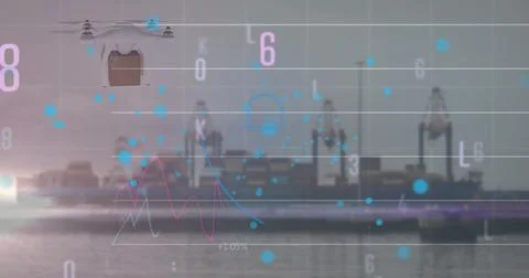 Image of padlock icon and processing data over drone and shipping harbor Stock Photos