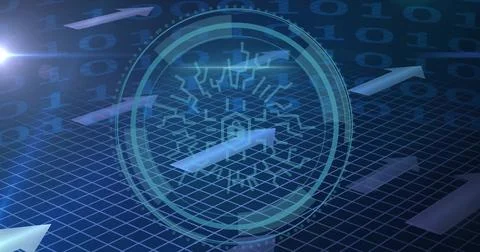 Image of padlock icon and security scanner over arrows and processing data Stock Photos