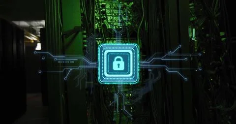 Image of padlock icon, circuit board and data processing over computer servers Stock Illustration