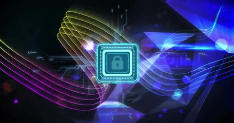 Image of padlock icon with computer circuit board over light trails on black Stockfoto's