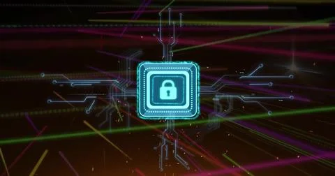 Image of padlock icon with computer circuit board over light trails on black 写真素材