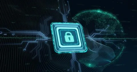 Image of padlock icon with computer circuit board over globe and lines on black Stock Photos