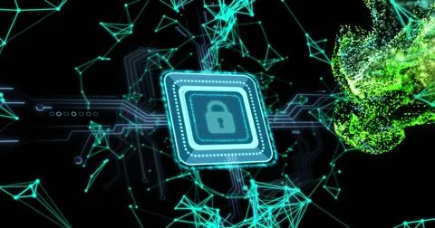 Image of padlock icon with computer circuit board over shapes on black Stock Photos