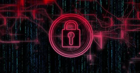 Image of padlock icon with connections over data processing on black background Stock Illustration