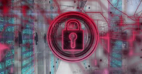 Image of padlock icon with data processing over server room Stock Photos