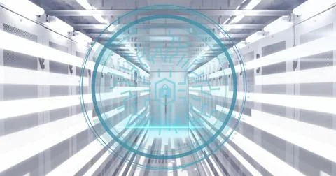 Image of padlock icon, digital data processing over computer servers Illustrazione stock