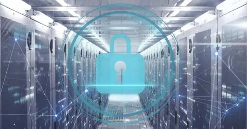 Image of padlock icon, digital data processing over computer servers Stock Illustration