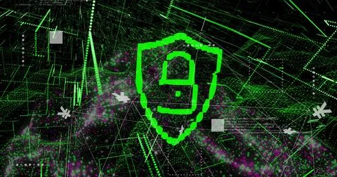 Image of padlock icon, digital data processing over connections Foto stock