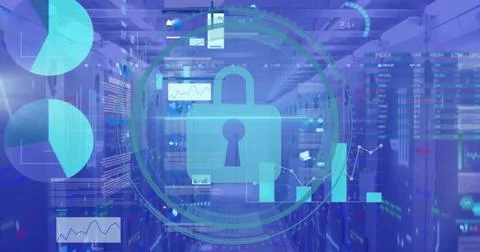 Image of padlock icon with digital data processing over computer servers Stock Photos