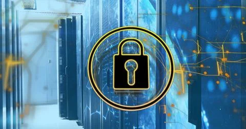 Image of padlock icon, digital data processing over computer servers 스톡 사진