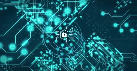 Image of padlock icon, digital data processing over network of connections 写真素材
