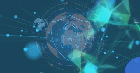 Image of padlock icon, globe and data processing Foto stock