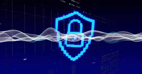 Image of padlock icon, light trails and data processing over black background Stock Photos