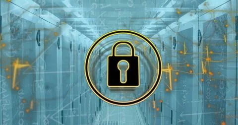 Image of padlock icon network and mathematical data processing over server room 写真素材