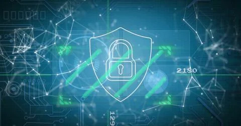 Image of padlock icon, network of connections and data processing Stock Illustration
