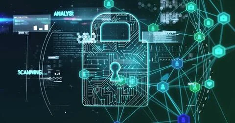 Image of padlock icon with network of connections and data processing on black Stock Photos
