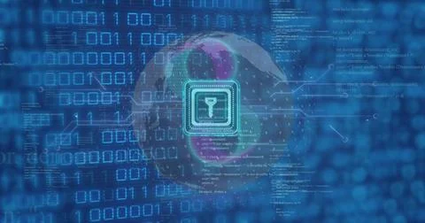 Image of padlock icon over binary coding data processing Stock Photos