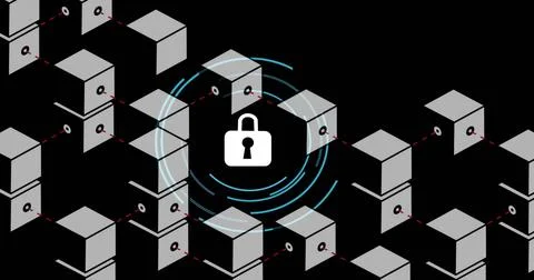 Image of padlock icon over boxes with connections on black background 写真素材