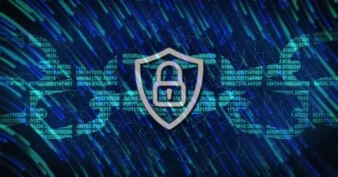 Image of padlock icon over data processing and network of connections on black Stock Illustration