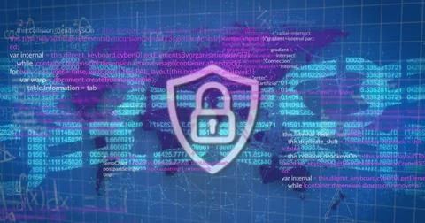 Image of padlock icon over data processing on blue background 스톡 일러스트