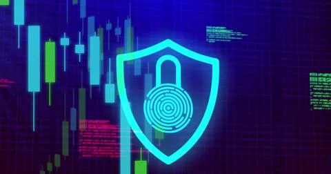 Image of padlock icon over data processing on blue background Illustrazione stock