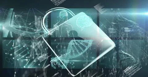 Image of padlock icon over data processing on black background 스톡 일러스트