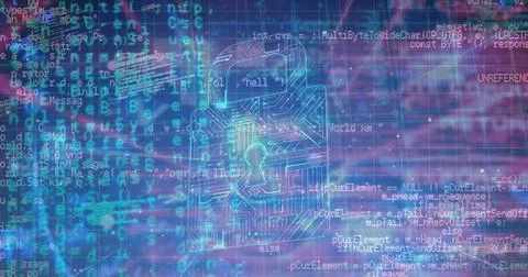 Image of padlock icon over data processing on blue background Illustrazione stock