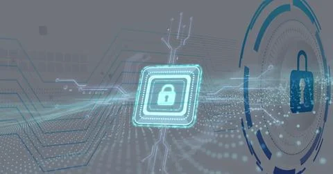 Image of padlock icon over data processing on black background Stock Photos