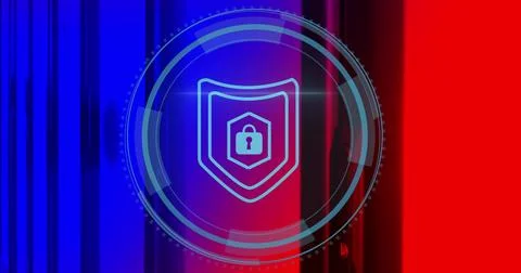 Image of padlock icon over data processing and server room Stock Photos