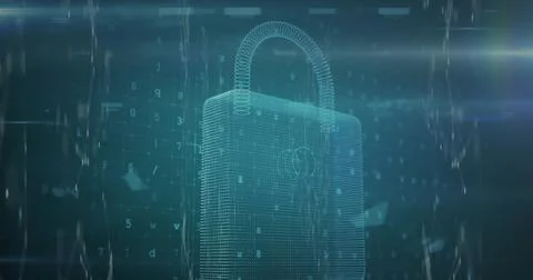 Image of padlock icon over data processing on black background Foto stock