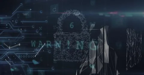 Image of padlock icon over data processing on black background Stockfoto's