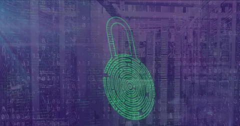 Image of padlock icon over data processing and server room 写真素材