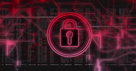 Image of padlock icon over data processing on black background 스톡 사진