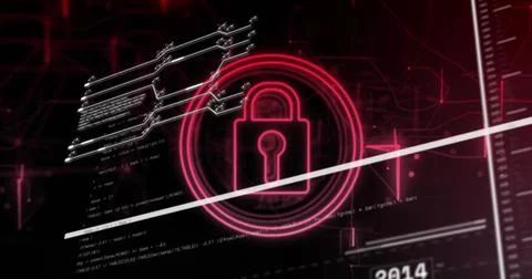Image of padlock icon over data processing on black background 스톡 사진
