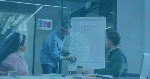 Image of padlock icon over diverse business people having meeting at office 스톡 사진