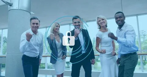 Image of padlock icon over diverse people in office Foto stock